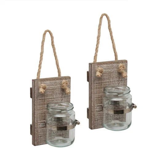 Stonebriar Rustic White Wash Wooden Mason Jar Wall Sconce Set with Hanging Loop